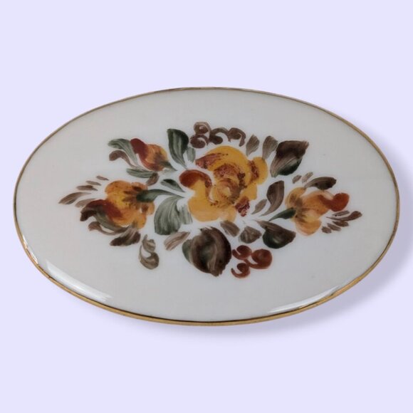 Vintage Floral Painted Porcelain Brooch - Picture 1 of 6